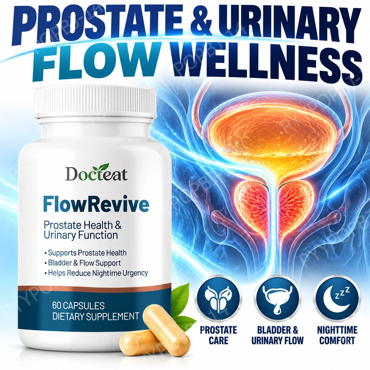 FlowRevive Men’s Prostate Capsules,Prostate Care Support,Bladder&Urinary Flow Support,Night Comfort Support,Saw Palmetto 60Ct