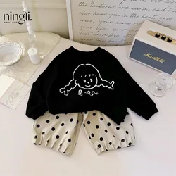 Girls' Autumn Cartoon Sweater Suit Korean Style Loose Polka Dot Pants Baby Girls' Polka Dot Bloomers Wide Leg Pants