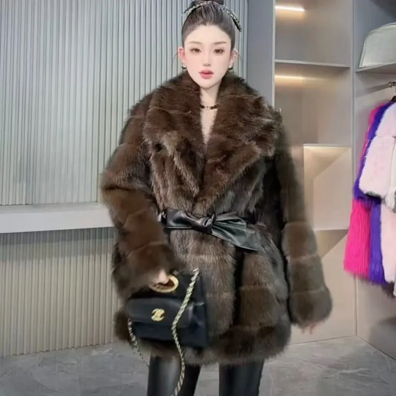 Women’s Wear New Winter Thickened Coat High-end Fashionable Slimming and Waist-cinching Mid-length Faux Fur Simple and Warm Coat