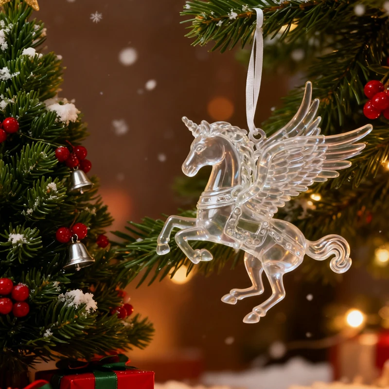 

Acrylic Christmas Ornaments Clear Flying Unicorn Bird Elk Snowflake Xmas Tree Hanging Pendants 2026 New Year Home DIY Decoration