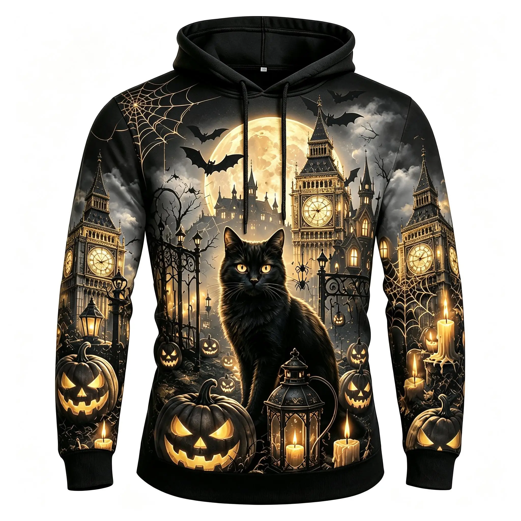Men's Halloween Black Cat Castle Clock Tower Pumpkin Full Print Hoodie Gothic Long Sleeve Pullover Sweatshirt For Streetwear