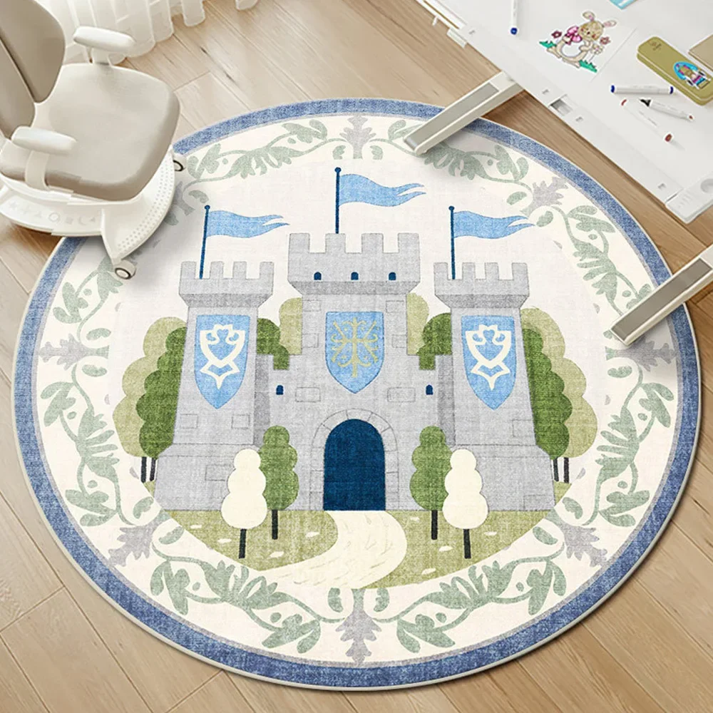 Cartoon Castle Pattern Circular Carpet Children's Carpet Decoration with Blue Flag and Green Vine Border Home Decoration