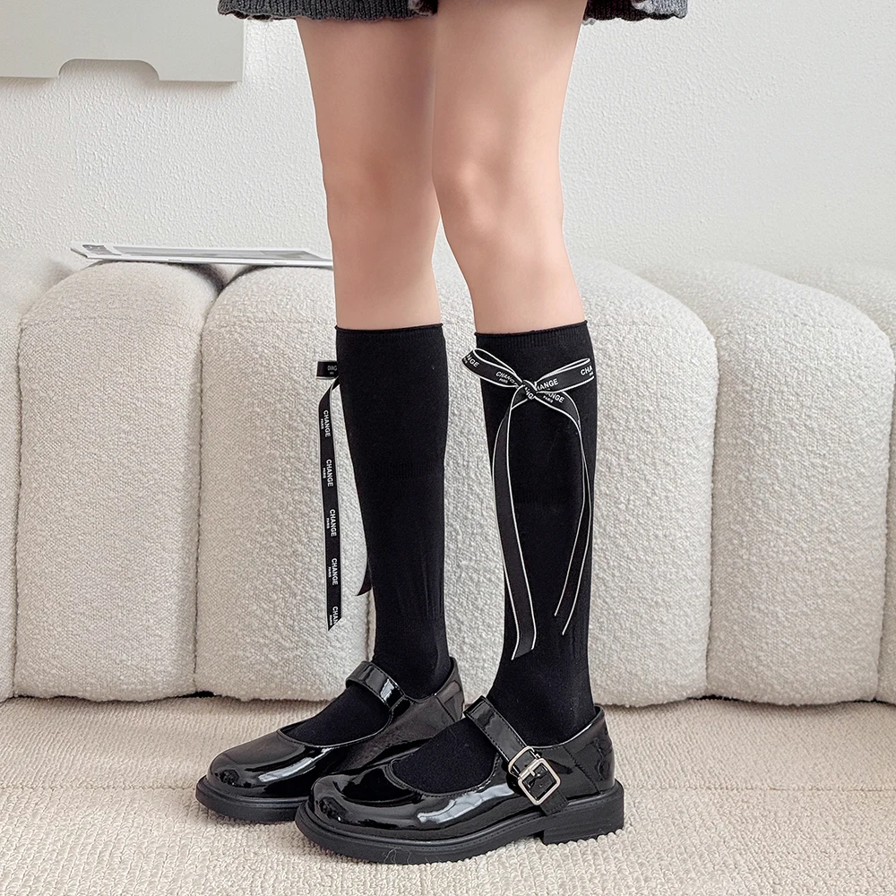 ผู้หญิง Over-the-calf ถุงเท้า Big Bow ตกแต่งแฟชั่นญี่ปุ่นถุงน่องสีทึบน่ารักเข่าความยาวถุงเท้าหญิง
