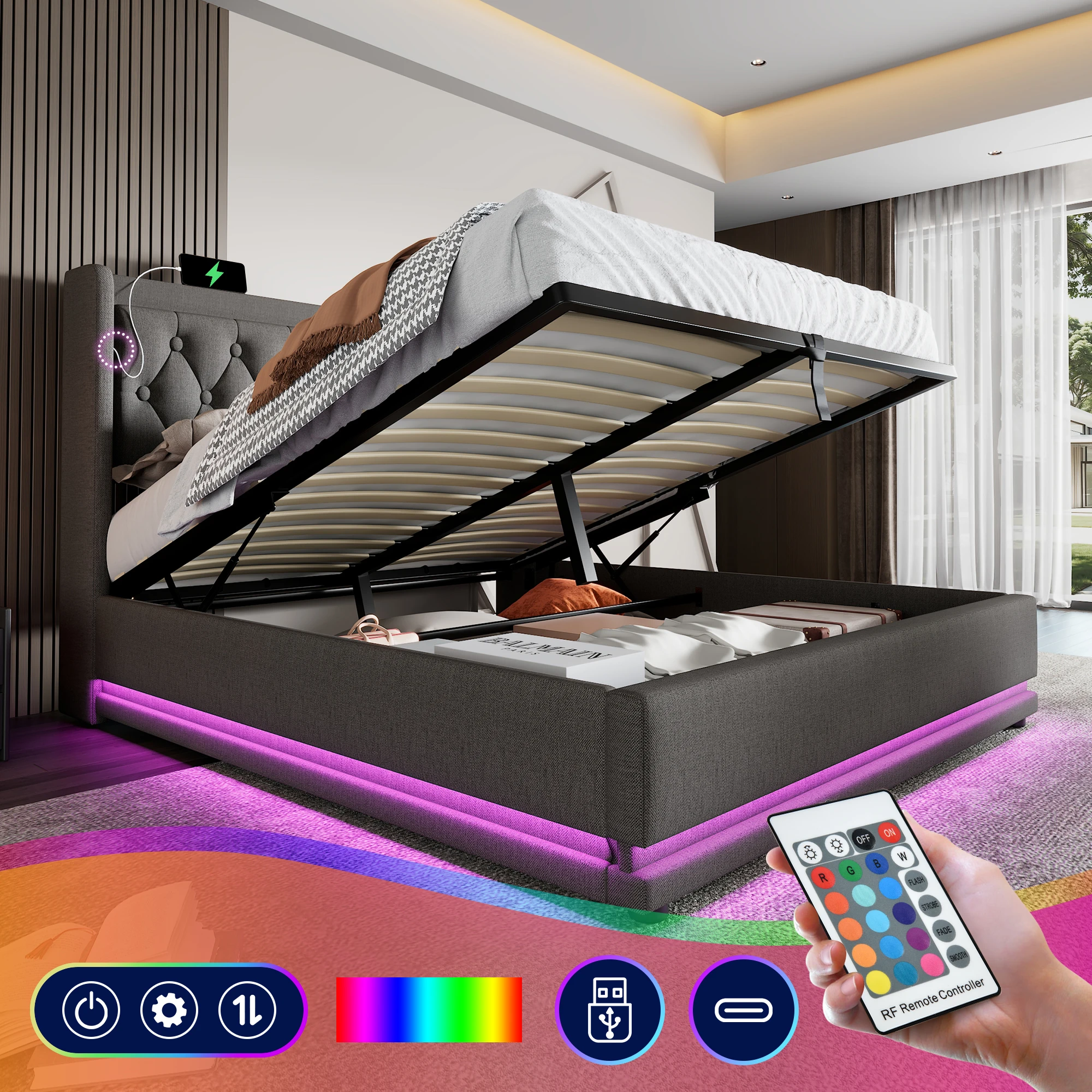 Upholstery bed 140x200 cm Grey Cotton USB Type-C Charging Function 3 Sided LED (Without Mattress)