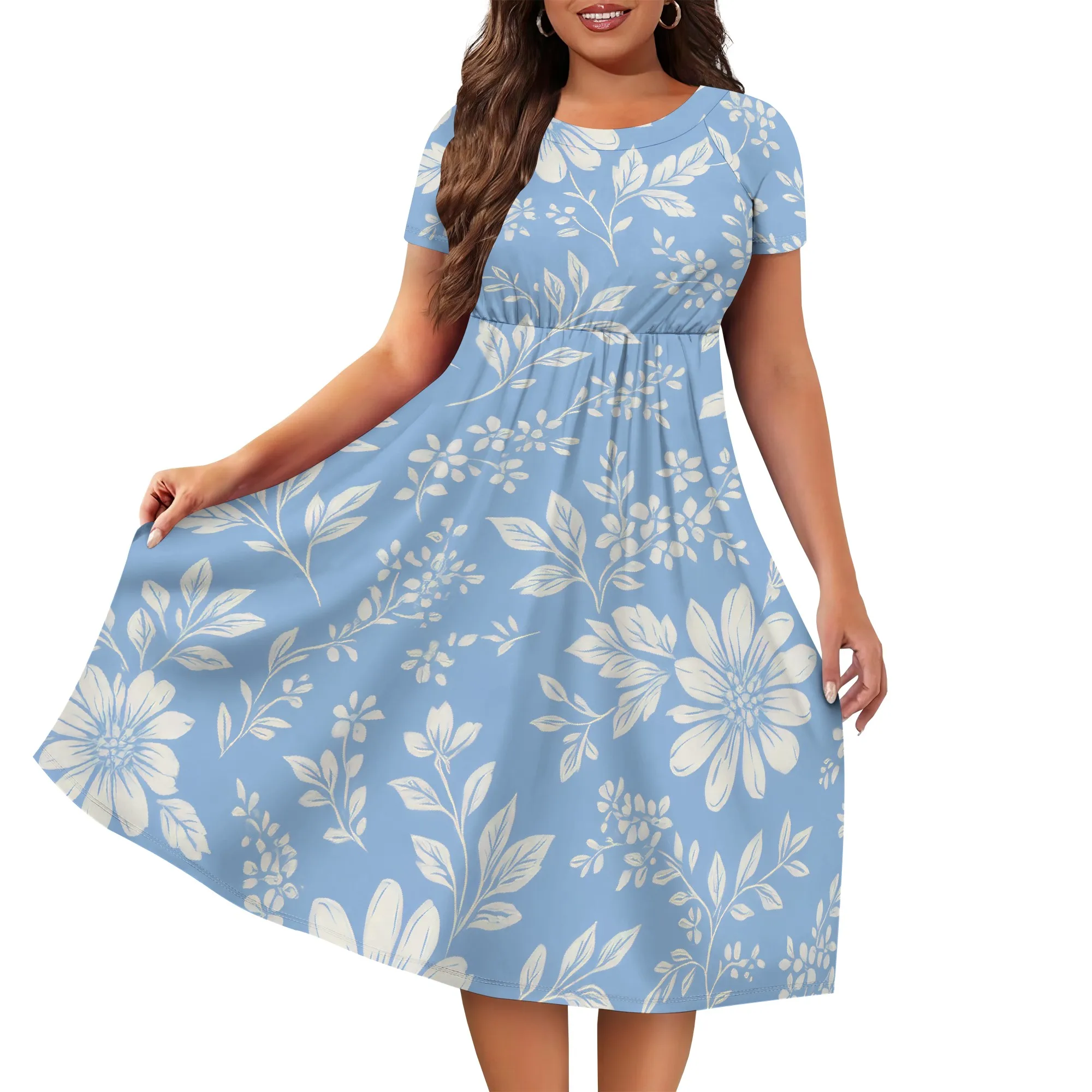 ผู้หญิงฤดูร้อนแขนสั้น Midi ชุดเดรสสบายๆ Flowy T เสื้อ Ruffle A Line Sundress แฟชั่นดอกไม้พิมพ์ชุดชายหาด