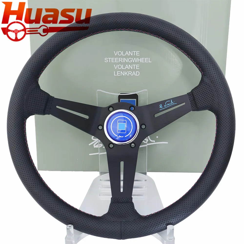 Racing Steering Wheel Deep Dish 3 Color Line Car Sport Steering Wheel 14inch 350mm Perforated Leather Universal