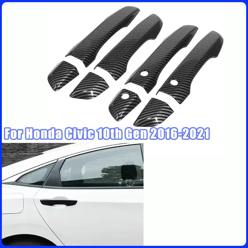Image of Auto Carbon Faser Stil Schwarz Außentür Griff Form Abdeckung Für Honda Civic 10th Gen 2016-2021 Trim mit Keyless Entry Dekor