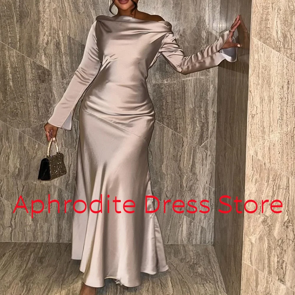 高品質のサテンのイブニングドレス,裸の肩,後ろにレース,長袖,高品質のカスタムサイズ