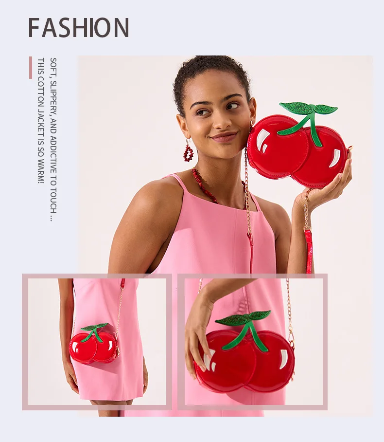 New Creative Cherry Shaped Shoulder Bag Cute Personalized Metal Chain Handbag PU Crossbody Bag Ins Phone Bag Party Bag Female