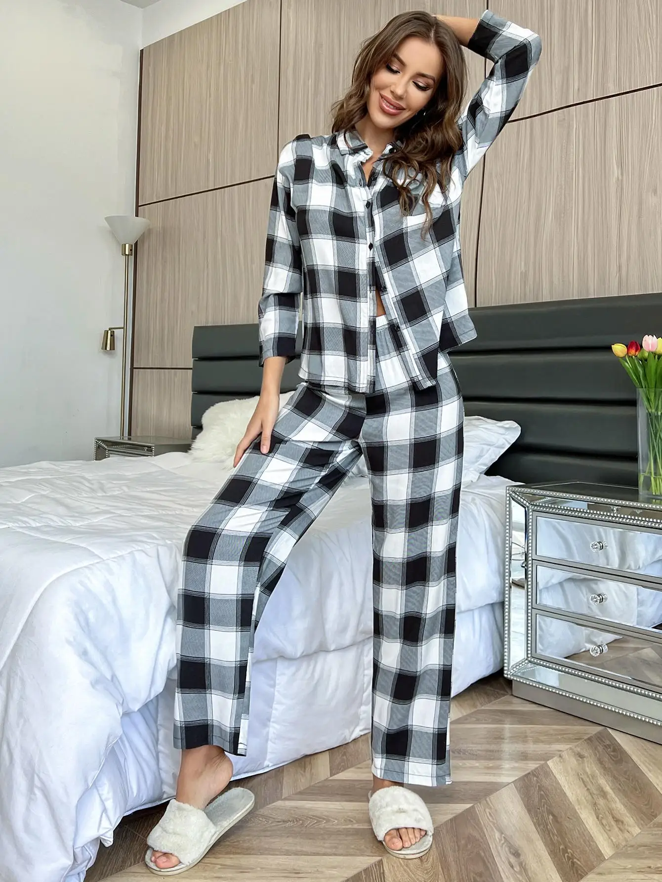 Autumn Spring Women\'s Pajamas Sets Ladies Clothes Long-sleeved Home Wear Suit Winter Plaid Print Tops & Trousers Sleepwear Cloth