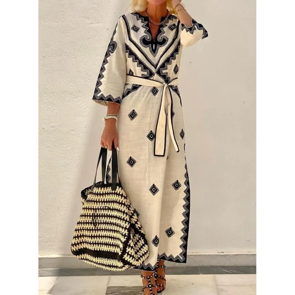 Retro Geometric Print Linen Dress For Women 2024 Spring Autumn Asian Style V-neck Half Sleeve Belt Boho Elegant Dresses Vestidos