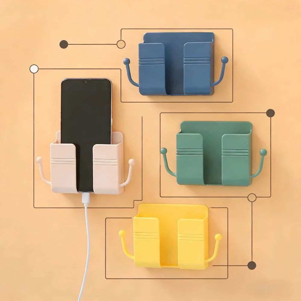 Suporte de Parede Adesivo para Celular com Ganchos, Caixa de Armazenamento para Celular e Controle Remoto, Caixa de Armazenamento para Quarto, Ferramentas de Cozinha