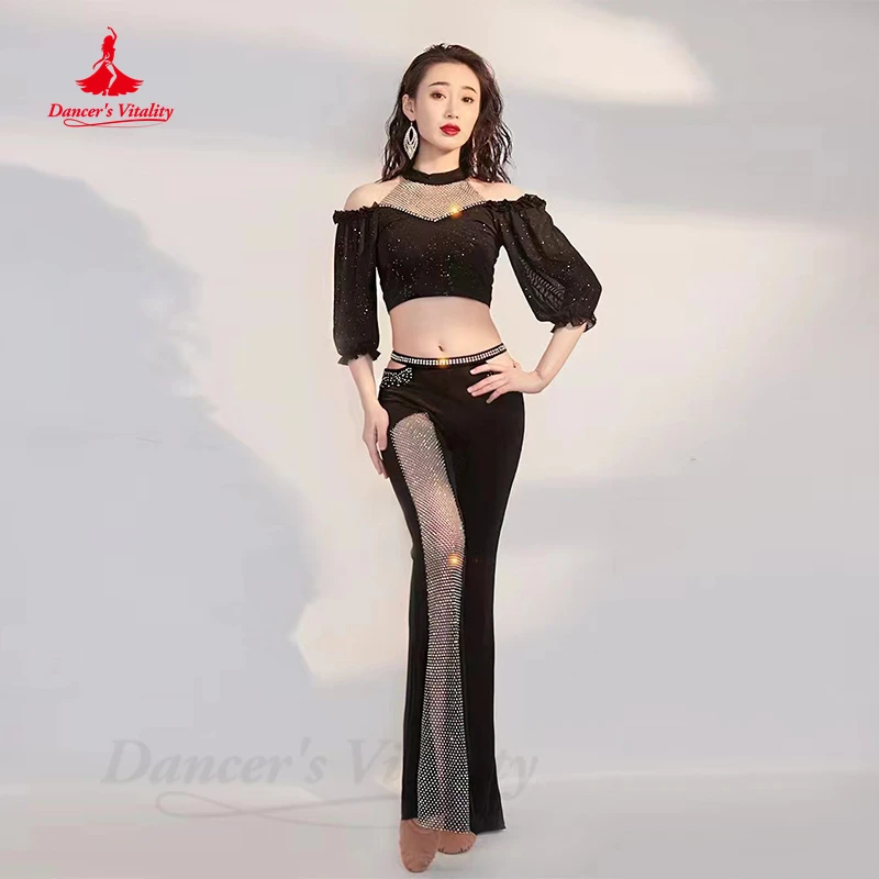 Belly Dance Professional Suit Shiny Trousers Oriental Dancing Performance Costume for Women Half Sleeves Top &trousers Clothes