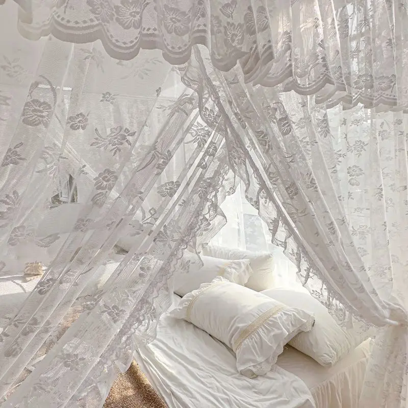 Light Luxury High-end Jacquard White Romantic Lace Mosquito Net No Bracket Three Door Bed Curtain Encrypted Bed Curtain For Home