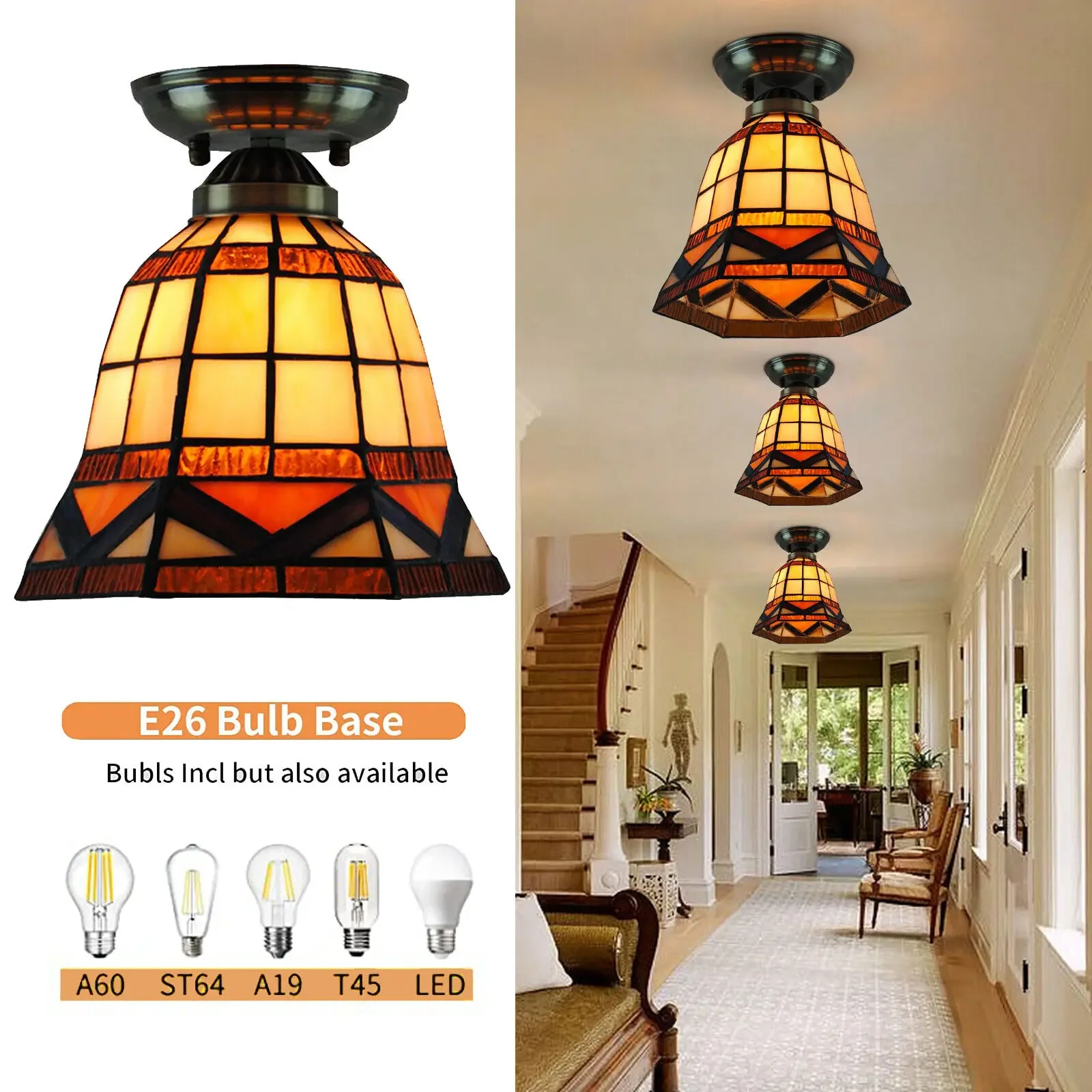 

Tiffany Style Ceiling Light Fixture, Stained Glass Shade Flush Mount Lamp for Bedroom Dining Room