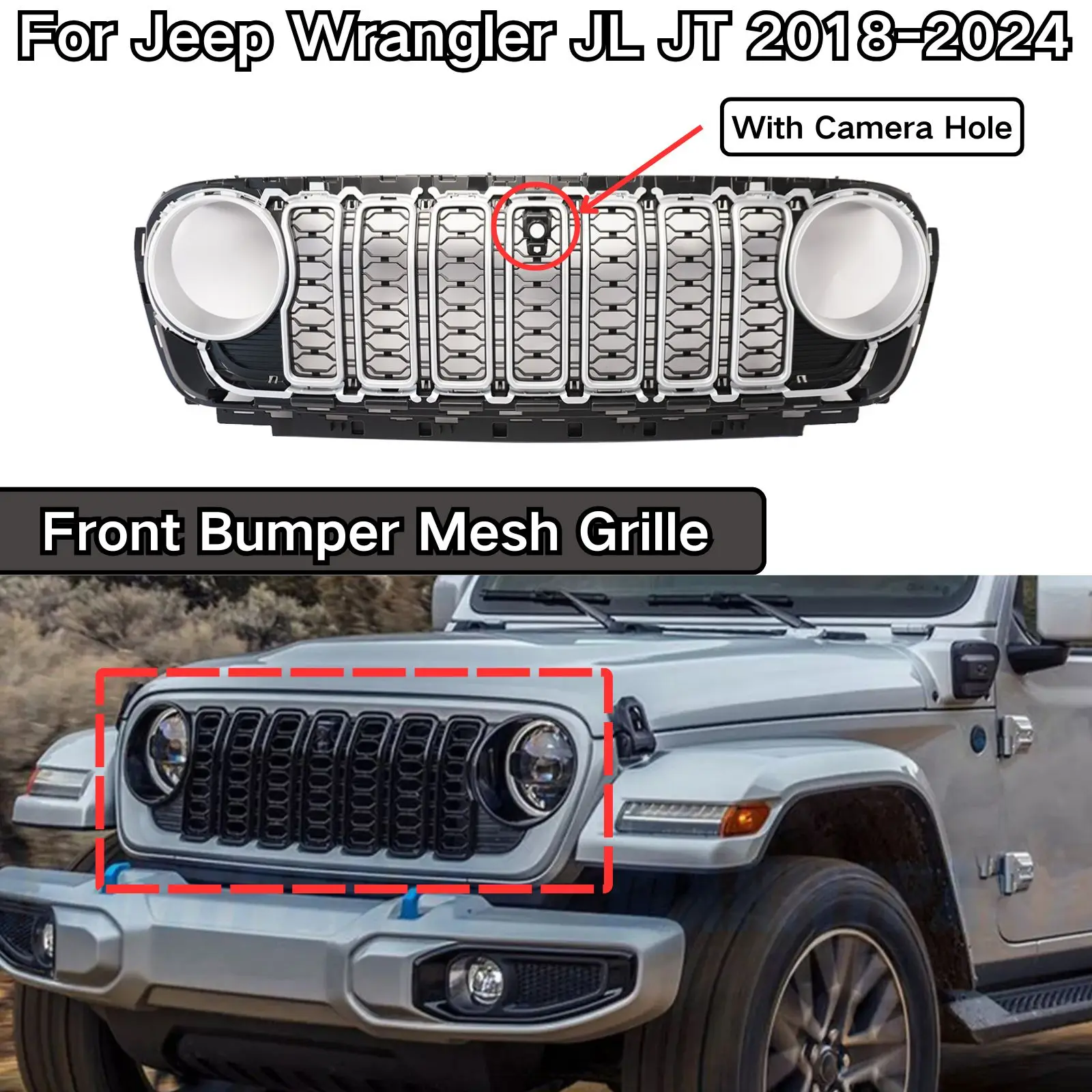 Car Front Bumper Mesh Grille With Camera Hole For Jeep Wrangler JL JT 2018 2019 2020 2021-2024 Chrome Silve Cars Accessories