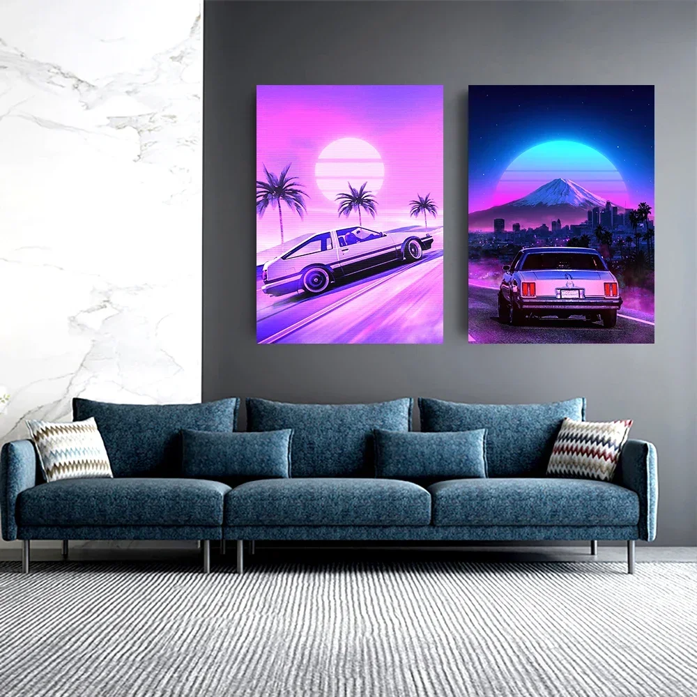 80s Outrun Vaporwave Style Poster City Street Night CAR HOUSE SUNSET Canvas Painting Wall Art Mural Decoration Kawaii Room Decor