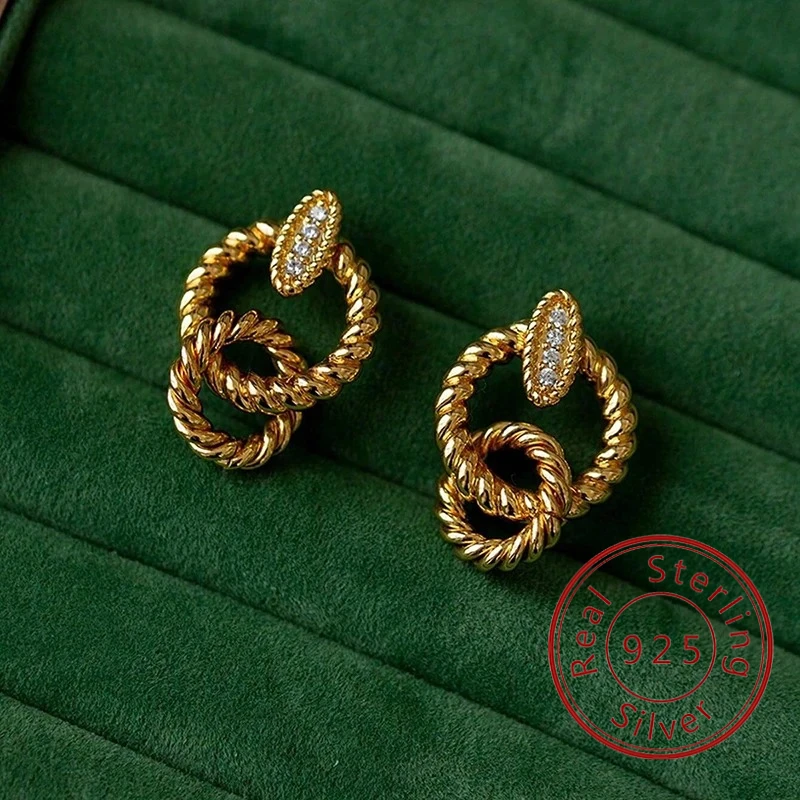 

Серьги-гвоздики из стерлингового серебра 925 пробы золотого цвета, модные серьги-гвоздики с двойным кругом для женщин, высокое качество, вечерние ювелирные украшения