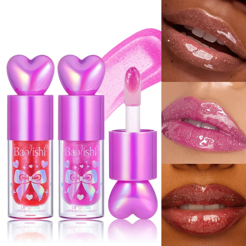 Heart Shape Lip Gloss Glitter Shiny Plumping Lip Oil Moisturizing Glossy Lip Tint Waterproof Long Lasting Kawaii Bow Tube Lip