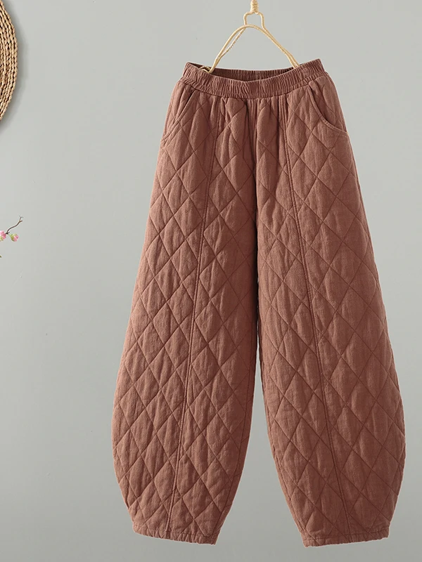 

Утепленные женские хлопковые брюки-фонарики в китайском стиле с ромбовидным узором, теплые, с высокой талией, свободного кроя, повседневные, зимние, для ношения с высокими каблуками