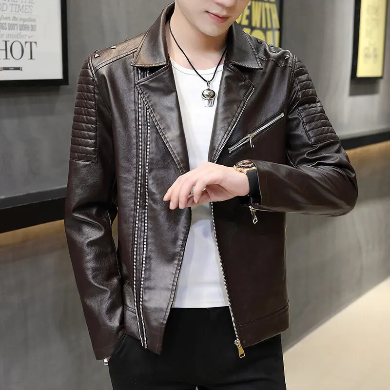 

2023 Men's Fall New Rivets Lapel Oblique Zipper Leather Soft Comfortable Youth PU Leather Jacket