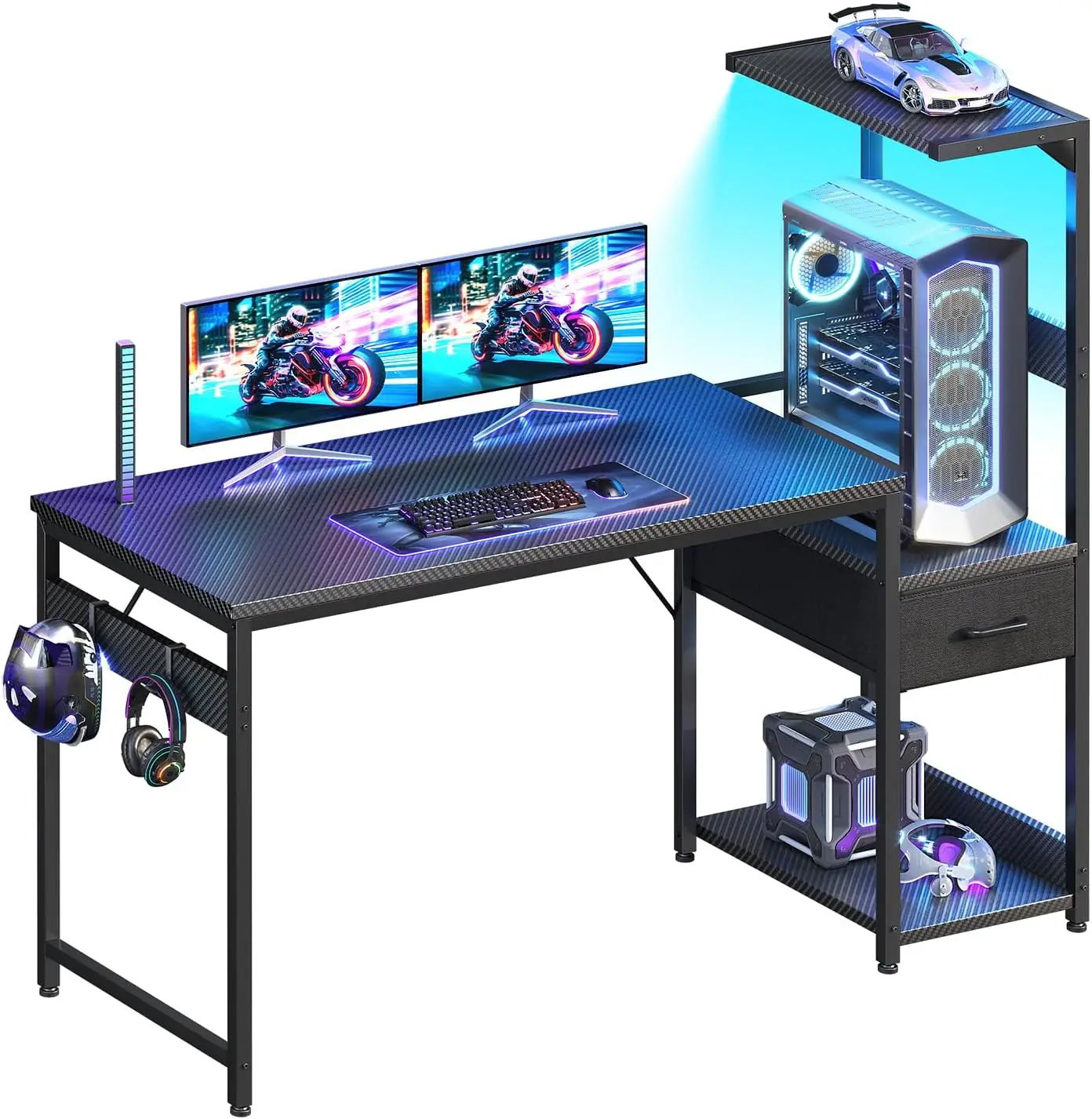 

48 Inch Gaming Desk with Storage & LED Lights, Reversible Computer Desk with Display Shelves & Fabric Drawer, Modern Gamer Desk