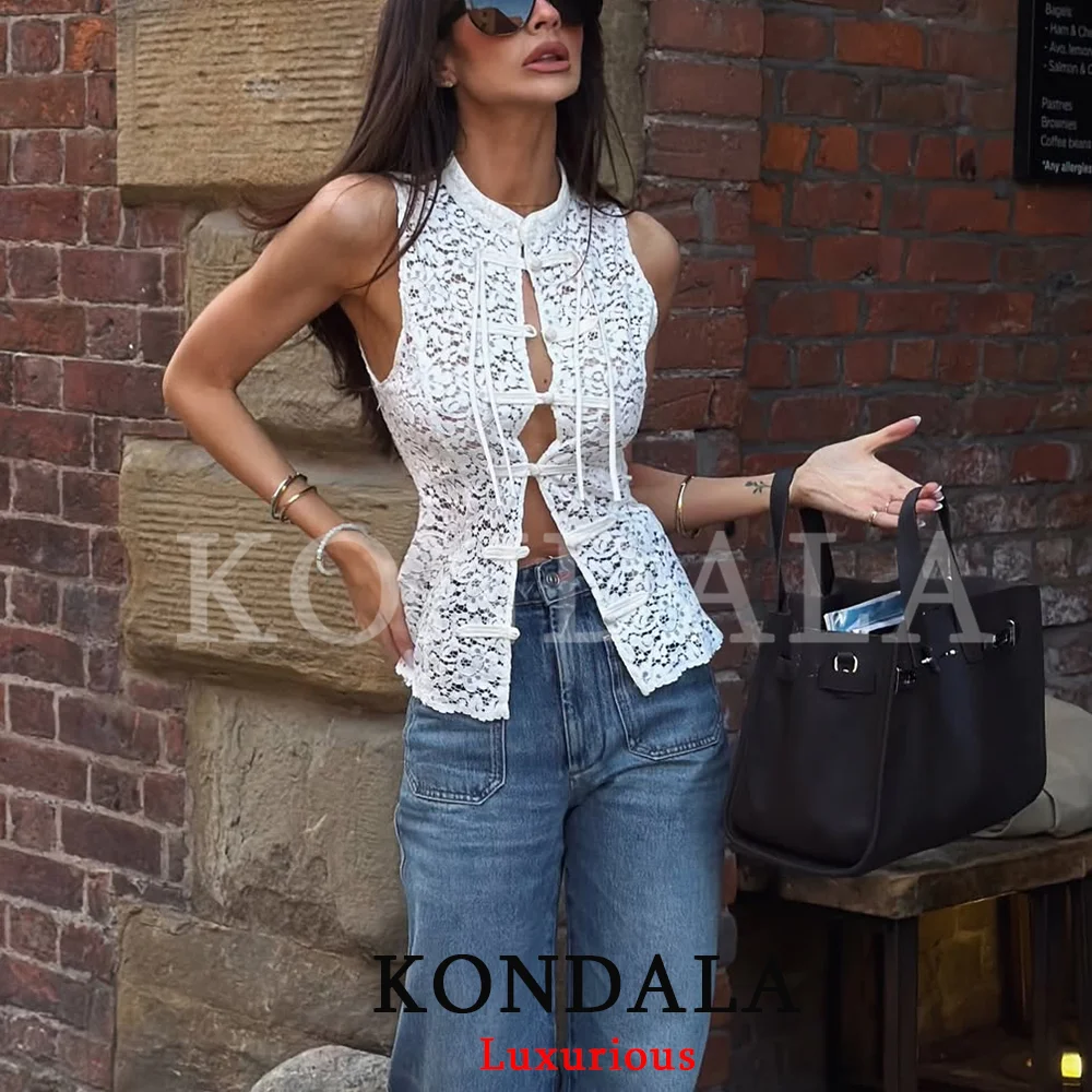 KONDALA Sexy Chic White Lace Bow Tops Women O Neck Sleeveless Slim Front Split Tops Fashion 2026 Spring Summer Y2K Girl Tops