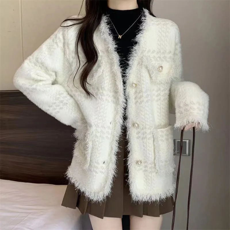 Temperament 2024 Slimming New Autumn And Winter High-End Fragrance Cardigan Knitted Jacket Imitating Mink Coat Loose Tassel Top