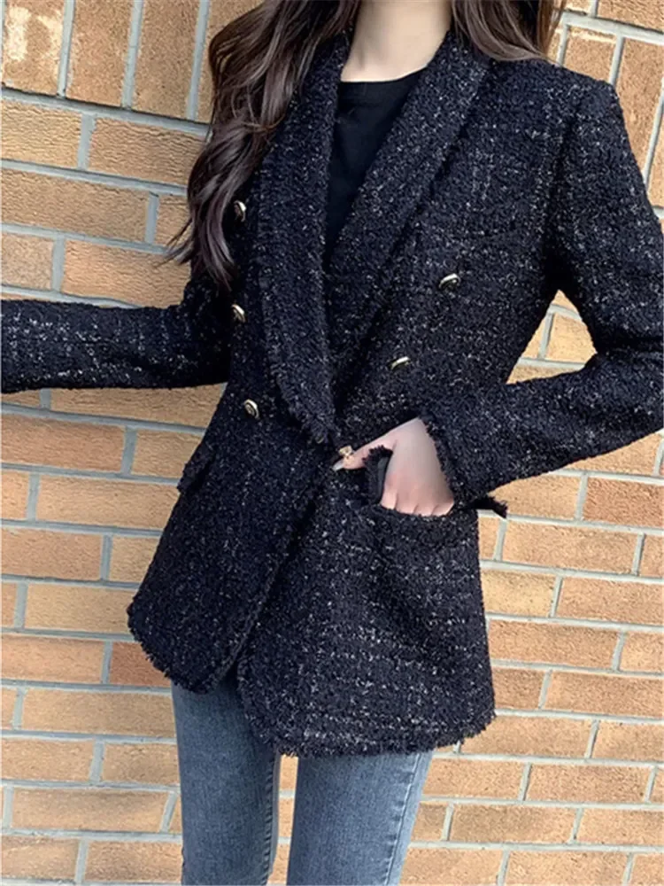 Autumn Women Fashion Tweed Double Breasted Black Blazer Coat Vintage Long Sleeve Flap Pockets Female Outerwear Chic Suit Femme