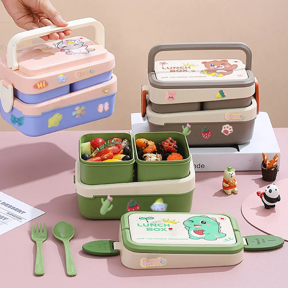 

Cute Lunch Box For Kids Portable Double-layer Bento Box DIY Stickers Food Storage Box Microwave Containers Boy Girls' Lunch Box