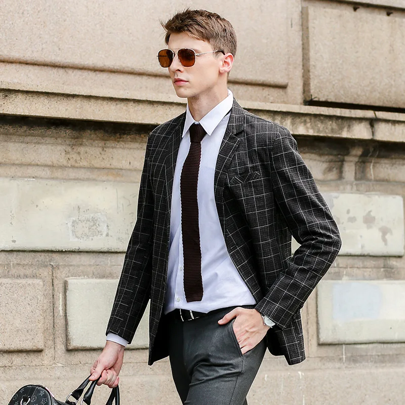 Men's Jacquard Plaid British Blazer Youth Fashion Slim Fit Casual Male Suit Thin Top Jacket Black Gray Light Gray Dating Party