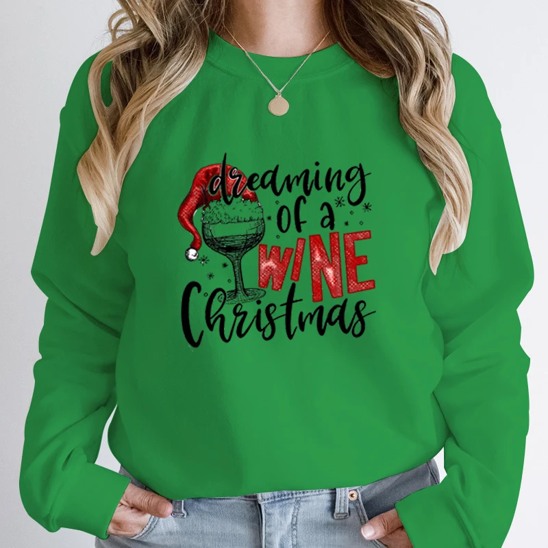 

Women Fashion Dreaming Of A Wine Christmas Print Round Neck Pullover Casual Sport Outdoor Long Sleeve Women Hoodless Sweatshirts