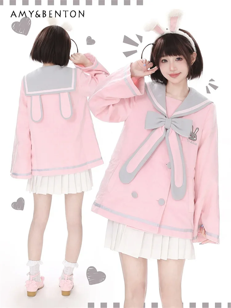 Preppy Style Jk Sailor Collar Wool Coat Japanese Cute Three-dimensional Rabbit Ears Bow Double-breasted Kawaii Jacket Women