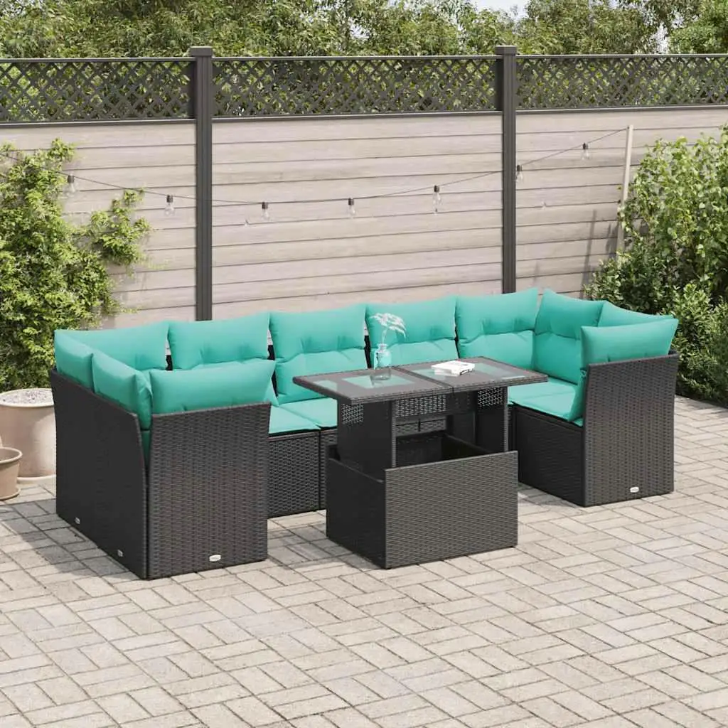 

8 Piece Outdoor Patio Sofa Set Cushioned Black Poly Rattan Acacia Wood Furniture