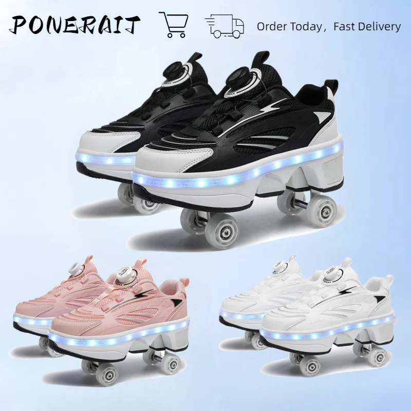 Four-Wheel Dual-Purpose Roller Skates For Children, Teenagers, Men And Women, Cool Luminous Skates, Convenient Knob Sports Shoes