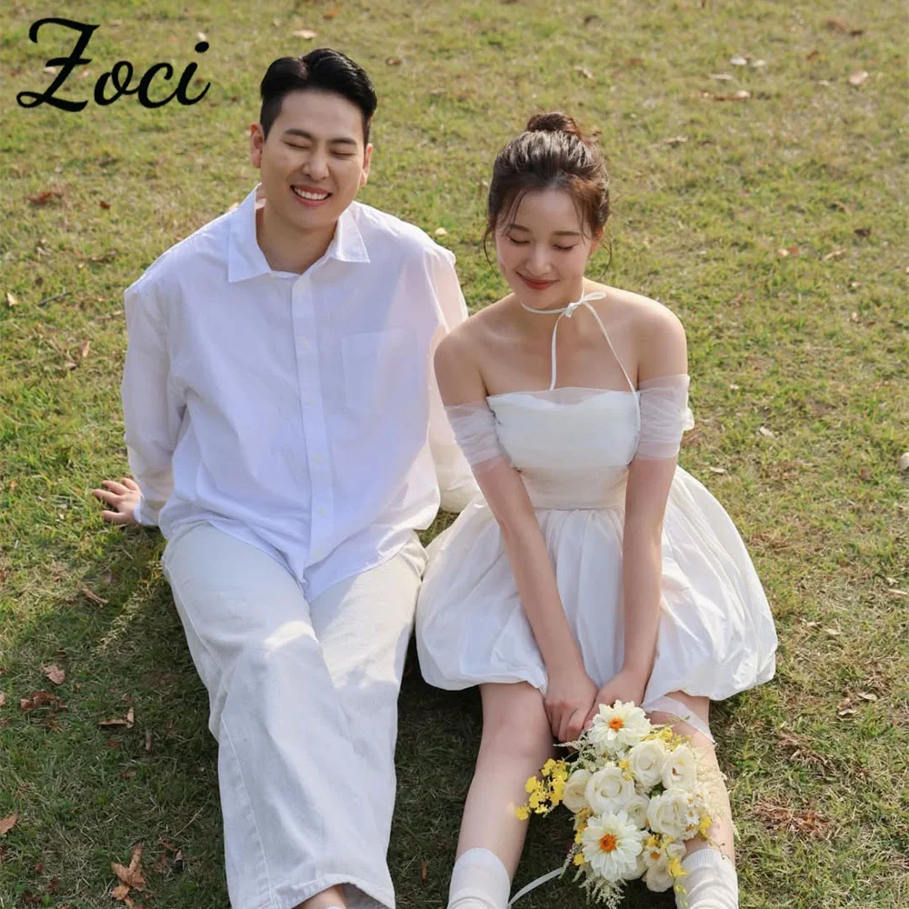 

Zoci Sweetheart Korea Short Wedding Dresses Photos Shoot Off Shoulder Corset Bride Dress Customized Taffeta A Line Bridal Gown