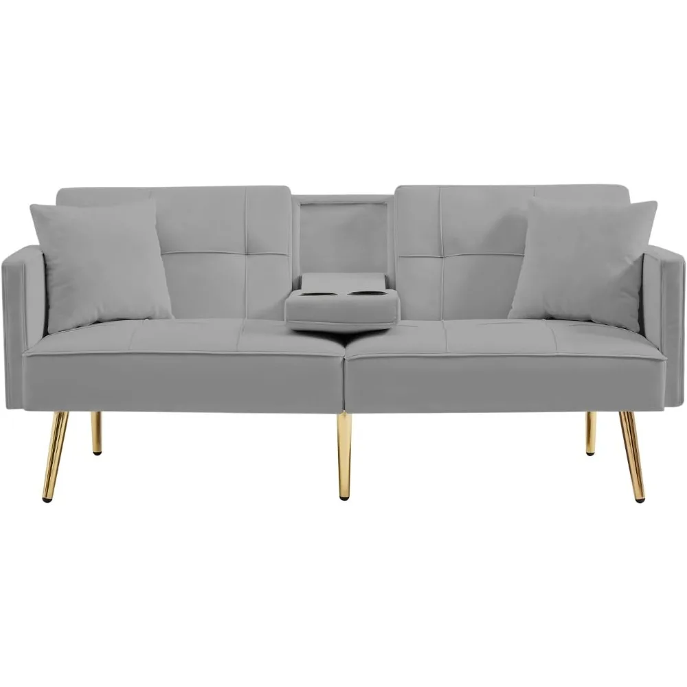 سرير أريكة فوتون قابل للتحويل - سرير فوتون من القماش المخملي مع أقدام معدنية ذهبية اللون وحاملين أكواب، مقعد Loveseat قابل للطي للشقق