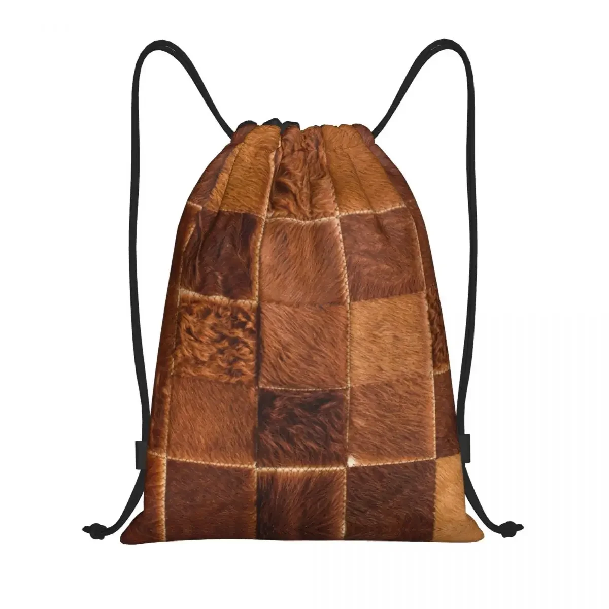 

Brown Checkered Cowhide Patche Drawstring Bags Women Foldable Sports Gym Sackpack Animal Fur Leather Texture Shopping Backpacks
