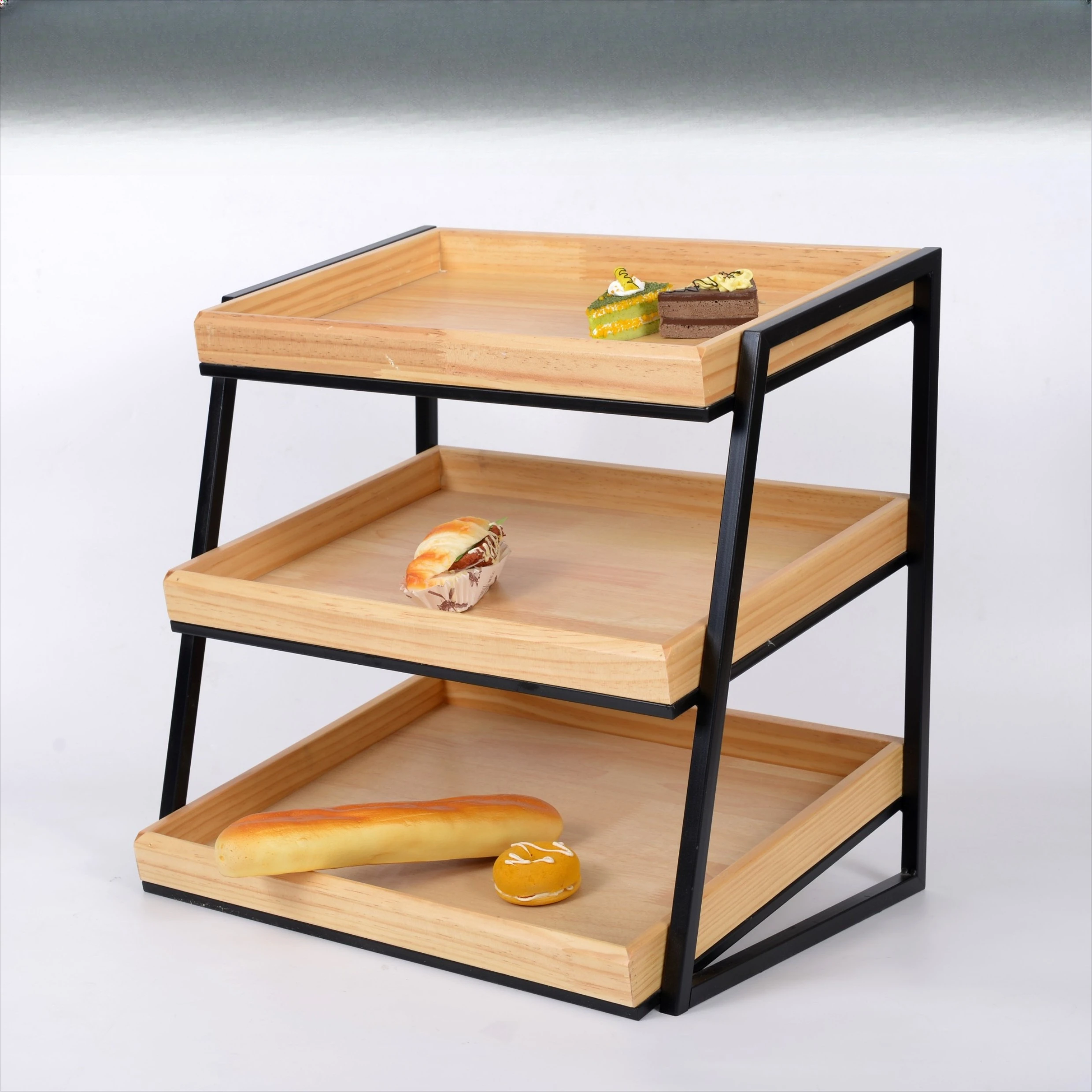 

Three-layer pine beveled plate, iron rack, bread cake, dry fruit store display rack, small display cabinet
