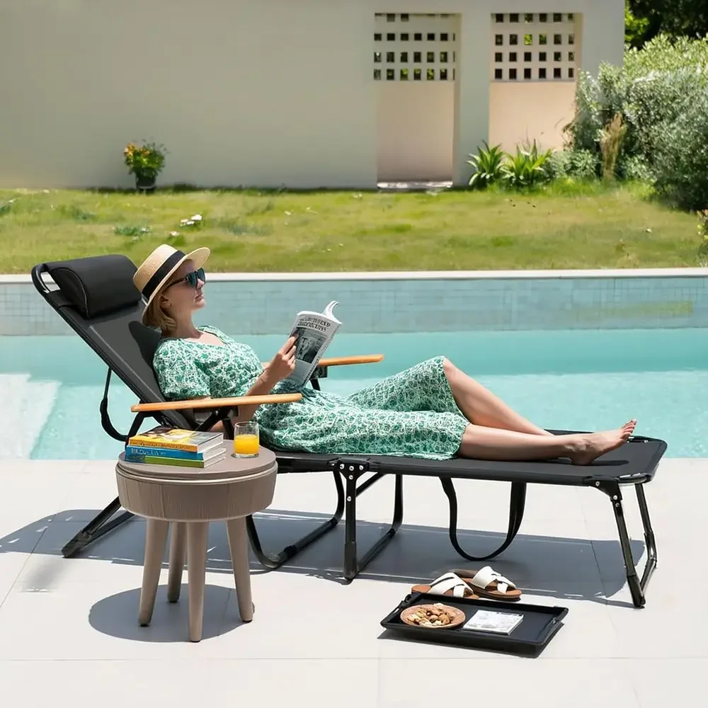 Adjustable Outdoor Chaise Lounge with Wooden Armrests, 4-Position Recline, Removable Pillow, Ideal for Patio, Garden, Beach, or