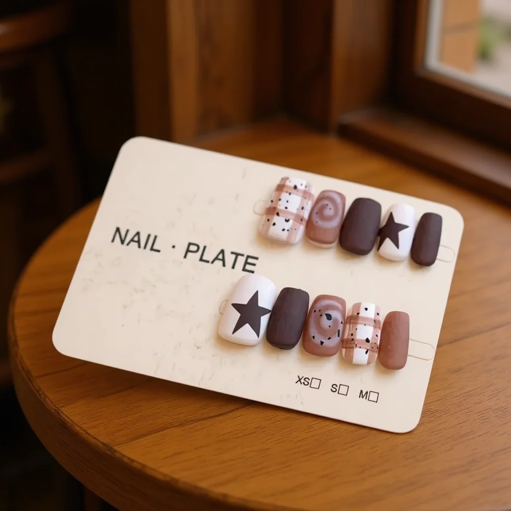 

10 шт., скраб с коричневой звездой, милая девушка, корейские короткие квадратные накладные ногти, многоразовые накладные ногти для женщин, аниме, мультяшный стиль