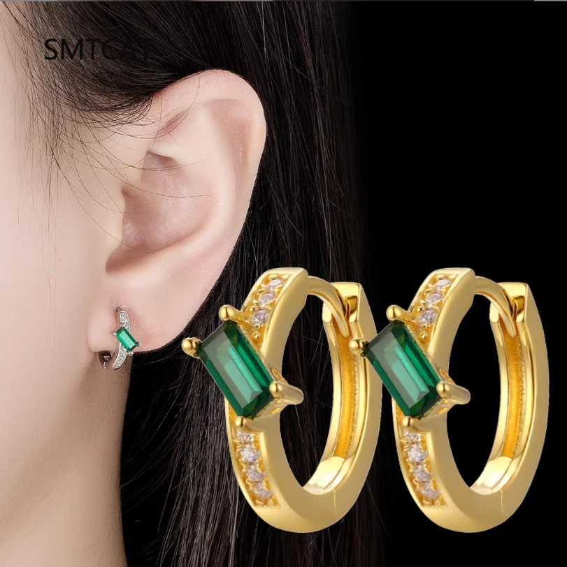 Emerald Cut Green Simulated Nano Emerald 925 Sterling Silver Geometric Hoop Earring for Women Gemstone Jewelry Huggies Creole