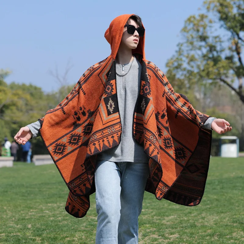 Man Poncho Imitate Cashmere Alpaca-style Ethnic Windbreaker Versatile Travel Warm Cloak Detachable for Holiday Fashion Cape P2