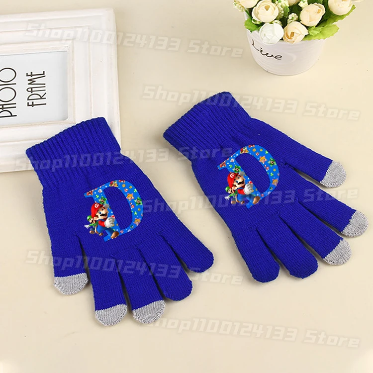 Cute Marioed Man Glove Game Letters A-Z Anime Print Boys Outdoor Warm Casual Street Outdoor Finger Knitted Glove Kids Party Gift