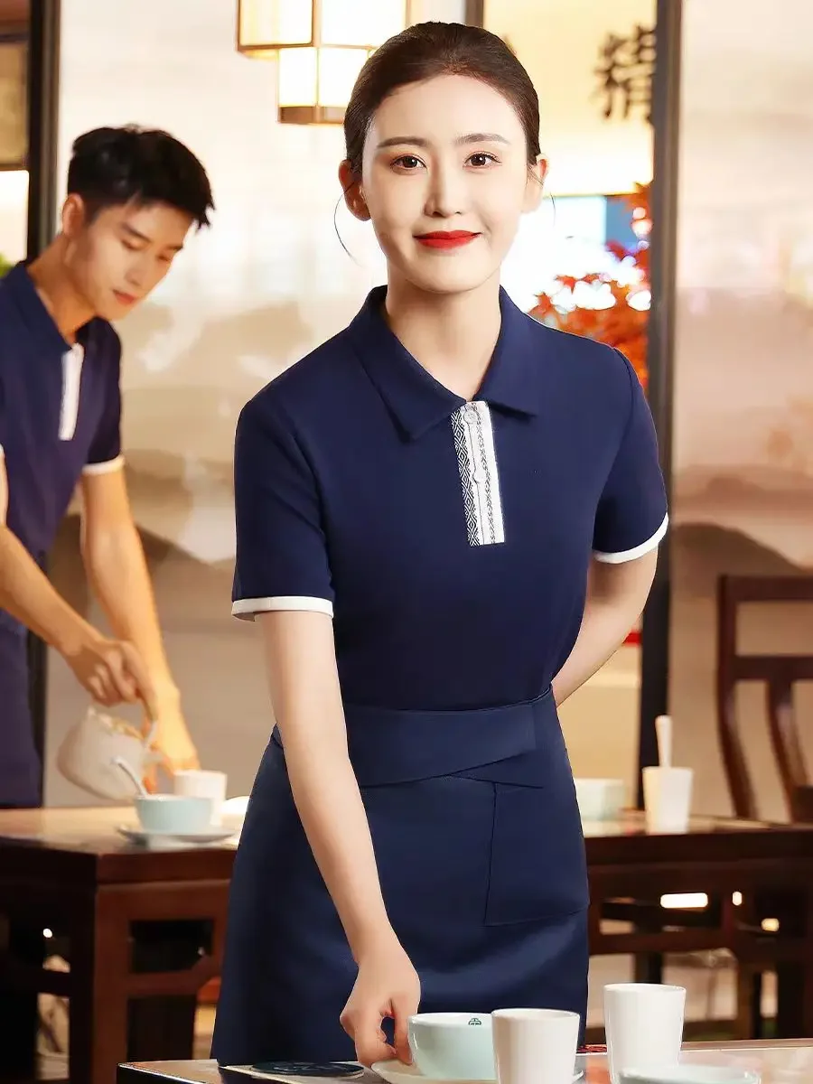 النمط الصيني مطعم النادل ملابس العمل الصيف الشواء وجبة خفيفة بار فندق تي شيرت ومئزر مجموعة النادل موحدة