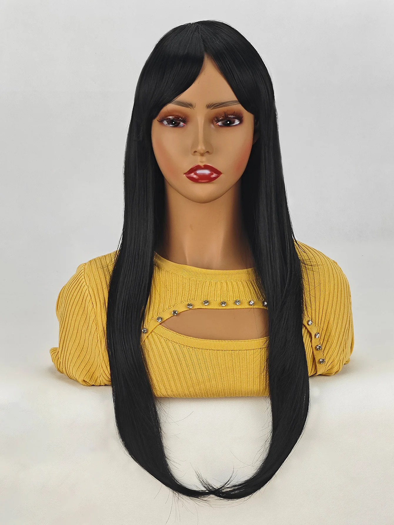 ENTRANCED STYLES Natural Black Wigs for Women Long Straight Wig with Bangs Black Hair Wigs Heat Resistant Synthetic Womens Wig f