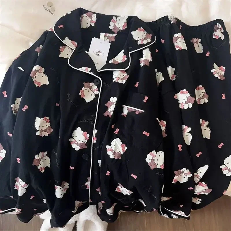 Sanrio Hello Kitty Pyjama Mannen Kuromi Paar Pyjama Herfst Winter Cartoon Animatie Mannen Vrouwen Lange Mouwen Warme Huiskleding Pak