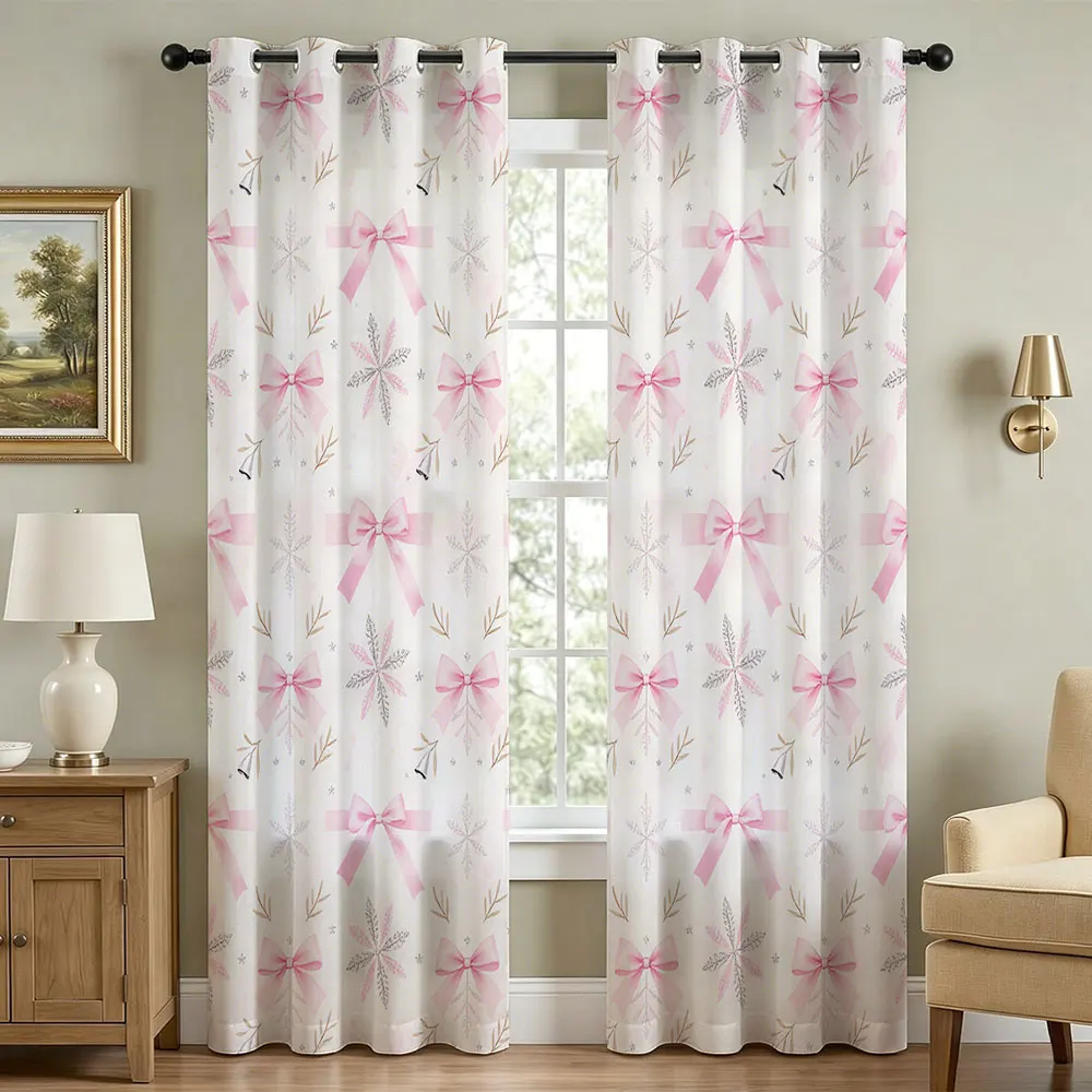 2pcs Pink Bow Snowflake Print Perforated Blackout Curtains Privacy Protect For Living Bedroom Stylish Home Ornament