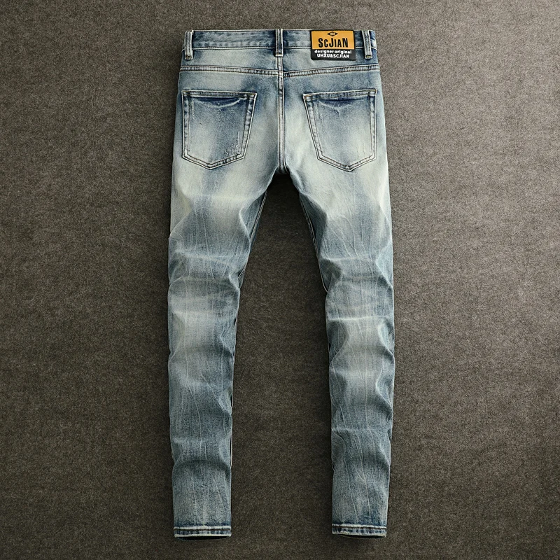 Fashion Designer Men Jeans High Quality Retro Light Blue Stretch Slim Fit Ripped Jeans Men Straight Vintage Denim Pants Hombre