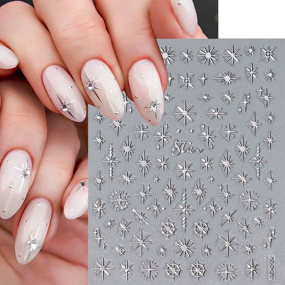 12 ชิ้น Glitter Silver Moon Star Sun Nail Art Decals 3D Bronzing งูแมวสติกเกอร์เล็บ 8*10 เซนติเมตร Self - กาว Starlight เล็บ Slider